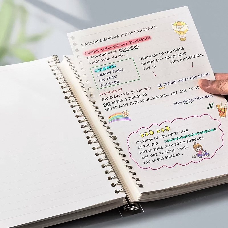 Nucleu de blocnotes cu foi detașabile, 26 găuri rotunde, 60 de foi pe carte, foi detașabile, pagini interioare din material mixt, format cu linii și pătrate