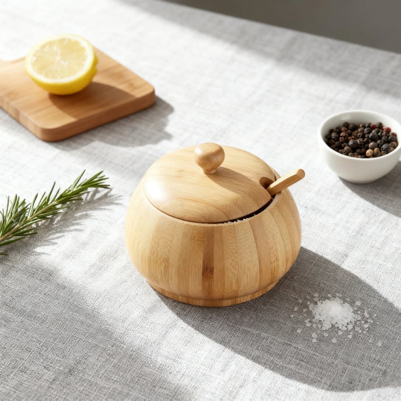 S bambus posuda za začine s poklopcem i malom žlicom, zaptiveno i suho – za čvrste začine (sol, šećer) – moderan minimalistički stil, Wood Song, porijeklo Lishui