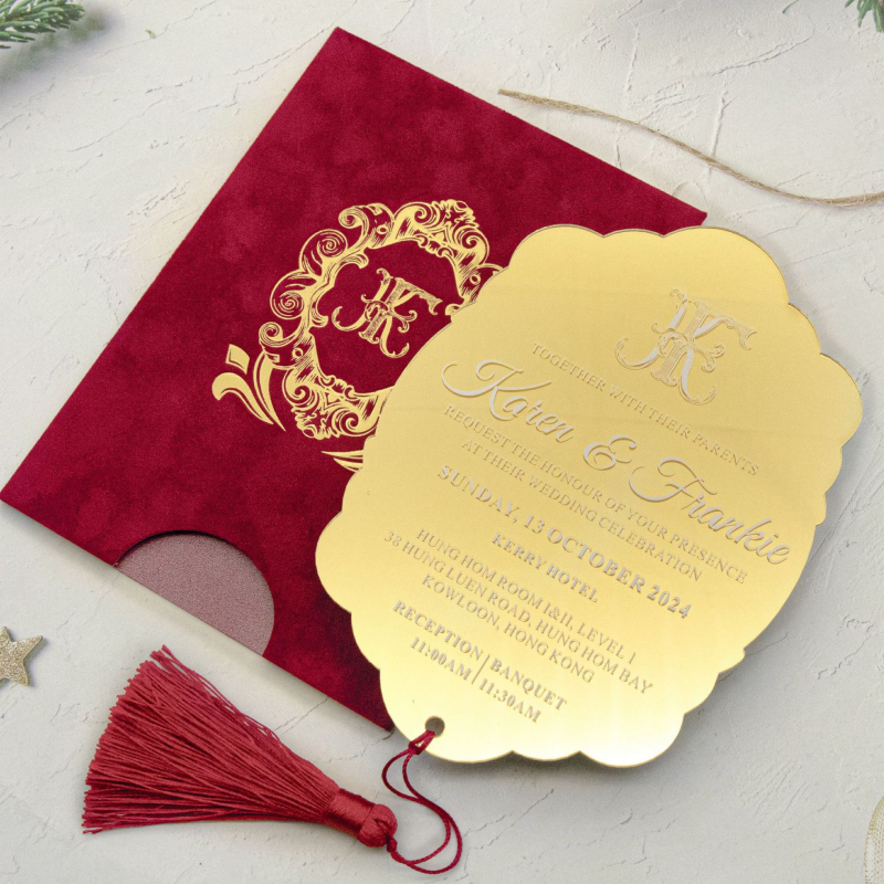 Φάκελος καρτών από βελούδο με φούντα – Δυτικού στυλ, χρυσό καθρέφτη ακρυλικό θερμό σφράγισμα, βελούρι προσαρμοσμένο, UV επίστρωση για προσκλήσεις