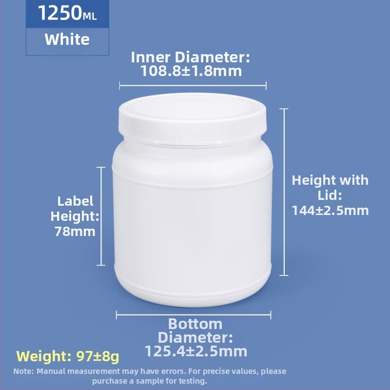 Контейнер за протеинова пудра, HDPE пластмаса, винтов капак със спирално уплътнение, голям отвор, капацитет 1250 ml / 1100 ml