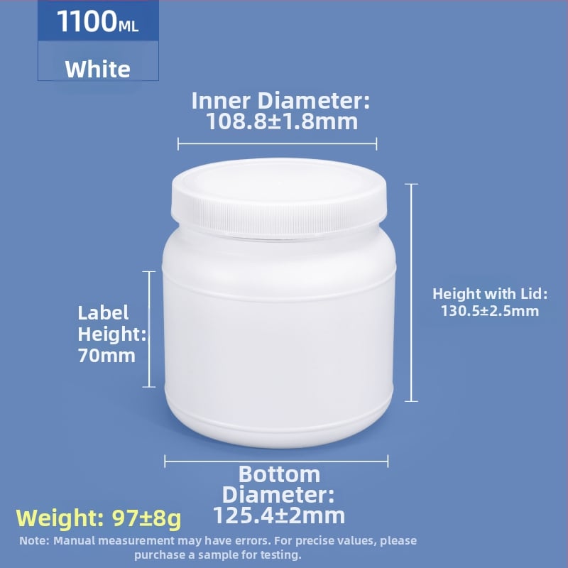 Контейнер за протеинова пудра, HDPE пластмаса, винтов капак със спирално уплътнение, голям отвор, капацитет 1250 ml / 1100 ml