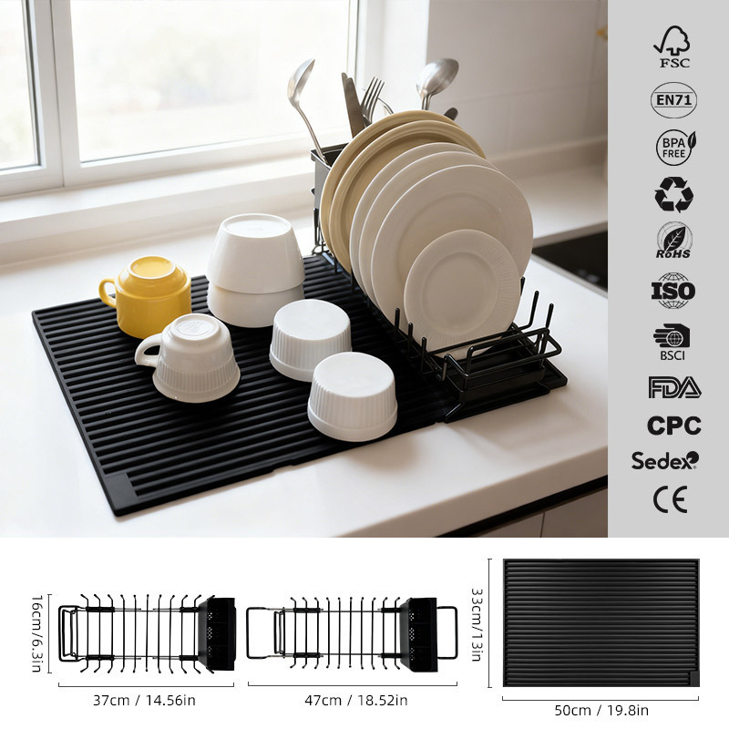 Covoraș de bucătărie din silicon pentru scurgere, cu suport metalic pentru vase, coș de scurgere multifuncțional pentru boluri și tacâmuri