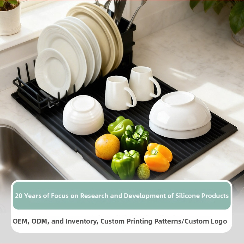 Covoraș de bucătărie din silicon pentru scurgere, cu suport metalic pentru vase, coș de scurgere multifuncțional pentru boluri și tacâmuri
