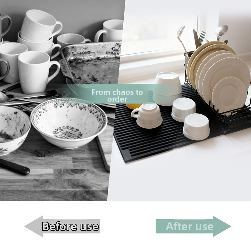 Covoraș de bucătărie din silicon pentru scurgere, cu suport metalic pentru vase, coș de scurgere multifuncțional pentru boluri și tacâmuri
