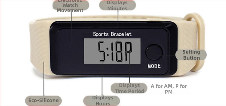 Pedométeres óra LED elektronikus mozgással, digitális kijelző, négyszögletes számlap, műanyag tokozás, szilikon csat