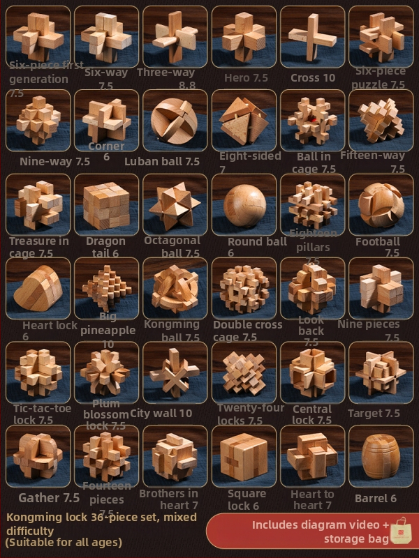 Drveni Kongming Lock puzzle – skup od 9 dijelova, edukativna igra za uzrast 7–14 godina