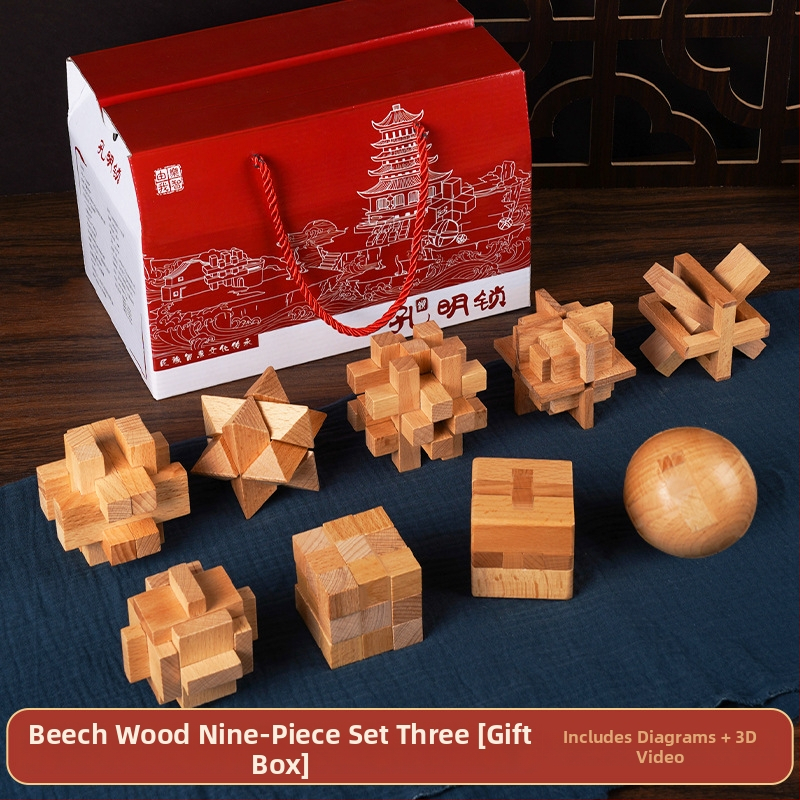 Drveni Kongming Lock puzzle – skup od 9 dijelova, edukativna igra za uzrast 7–14 godina