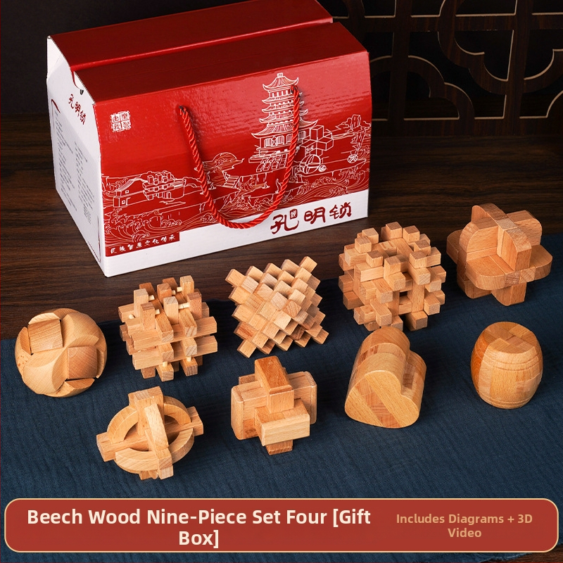 Drveni Kongming Lock puzzle – skup od 9 dijelova, edukativna igra za uzrast 7–14 godina