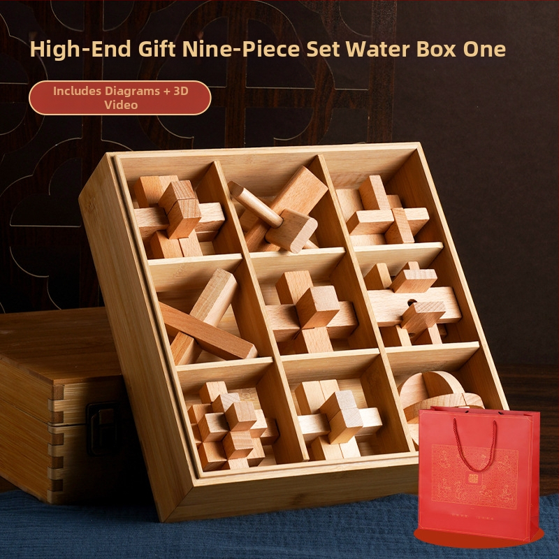 Drveni Kongming Lock puzzle – skup od 9 dijelova, edukativna igra za uzrast 7–14 godina