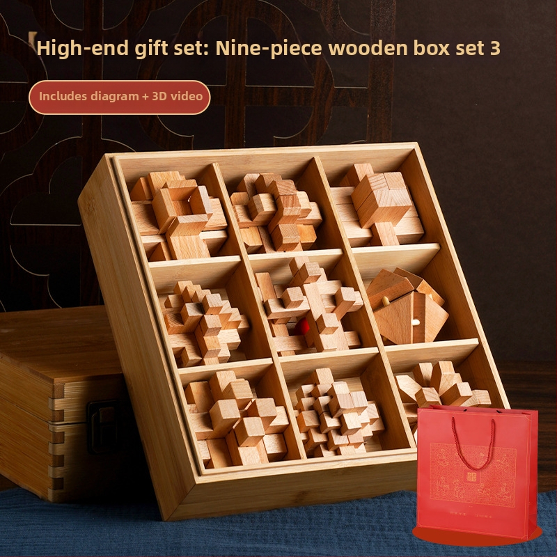 Drveni Kongming Lock puzzle – skup od 9 dijelova, edukativna igra za uzrast 7–14 godina