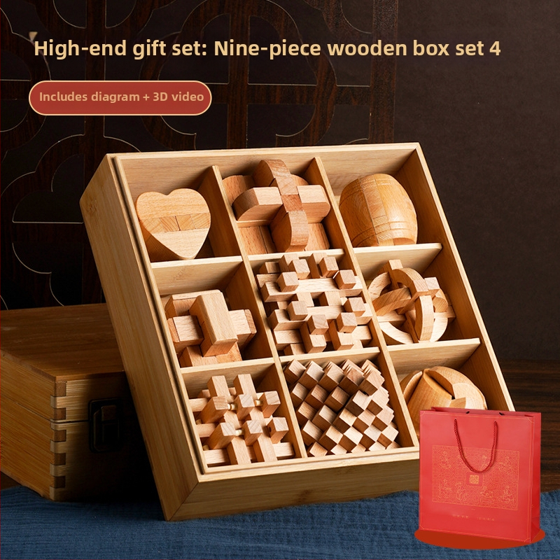 Drveni Kongming Lock puzzle – skup od 9 dijelova, edukativna igra za uzrast 7–14 godina