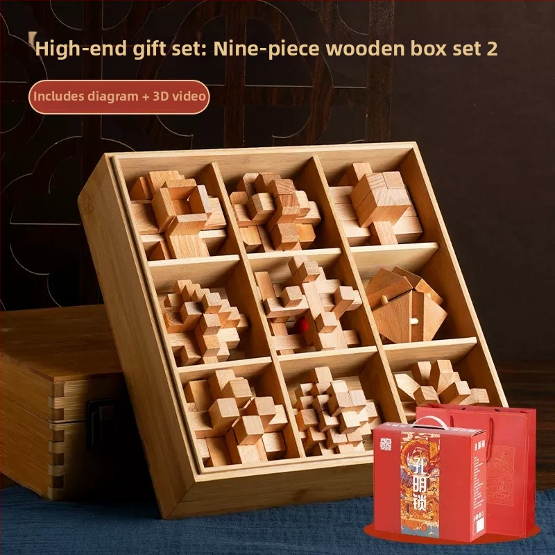 Drveni Kongming Lock puzzle – skup od 9 dijelova, edukativna igra za uzrast 7–14 godina