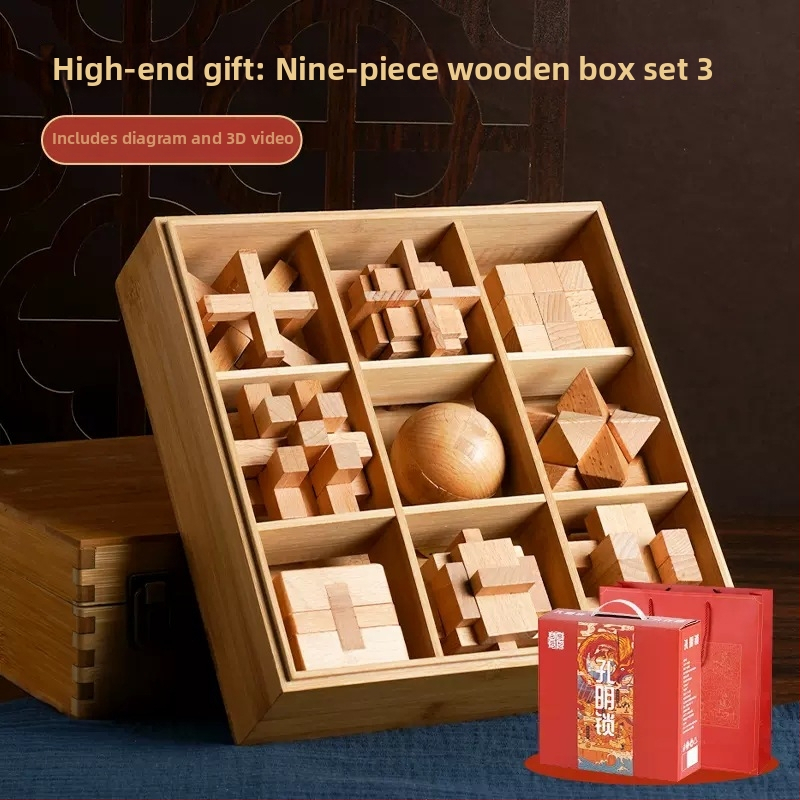 Drveni Kongming Lock puzzle – skup od 9 dijelova, edukativna igra za uzrast 7–14 godina