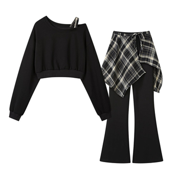 Ženski trokomponentni set: dugim rukavima kratki hoodie i široke hlače, casual komplet za jesen 2025, poliester