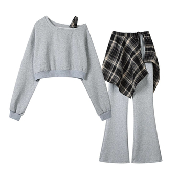 Ženski trokomponentni set: dugim rukavima kratki hoodie i široke hlače, casual komplet za jesen 2025, poliester