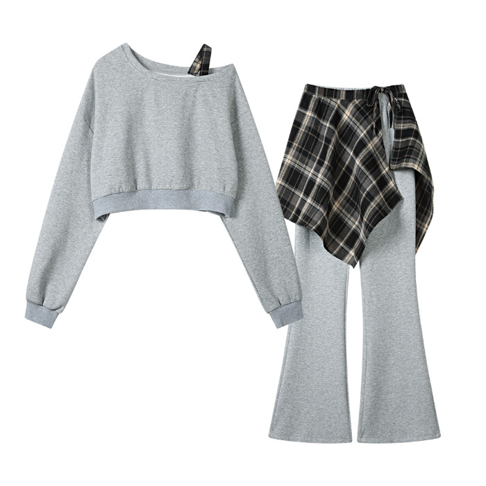 Ženski trokomponentni set: dugim rukavima kratki hoodie i široke hlače, casual komplet za jesen 2025, poliester