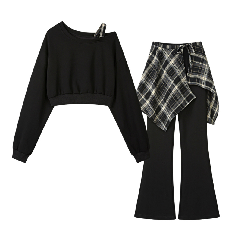 Ženski trokomponentni set: dugim rukavima kratki hoodie i široke hlače, casual komplet za jesen 2025, poliester
