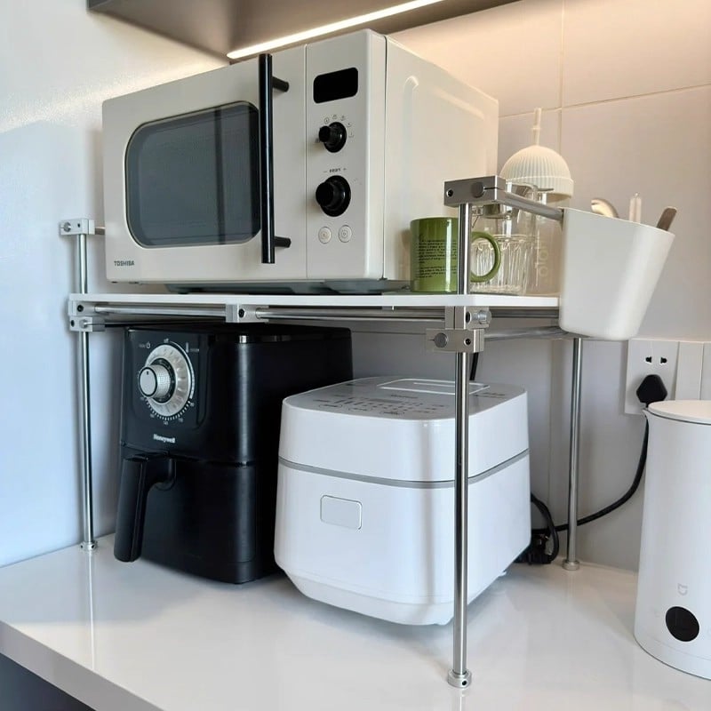 Ρυθμιζόμενο μεταλλικό ράφι αποθήκευσης κουζίνας για φούρνους μικροκυμάτων, με σχεδίαση οπτικού άξονα