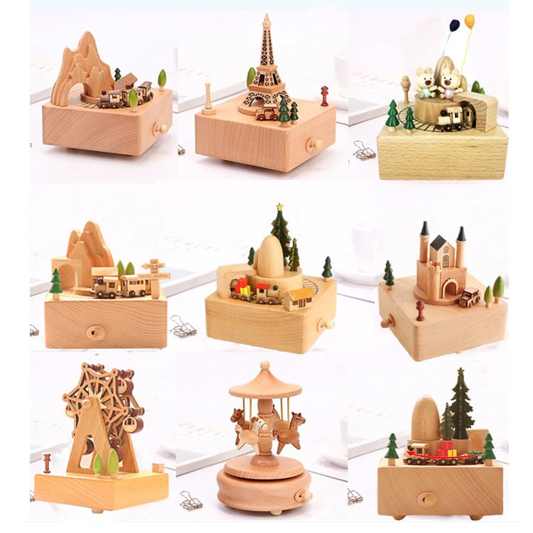 Drevená hudobná skriňa s karuselom – ručne vyrobená, klasický štýl, tlač loga k dispozícii, pripravená na darček k narodeninám a iným príležitostiam