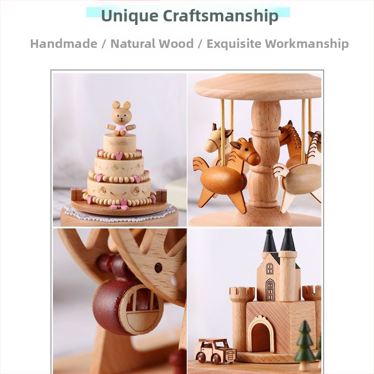 Drevená hudobná skriňa s karuselom – ručne vyrobená, klasický štýl, tlač loga k dispozícii, pripravená na darček k narodeninám a iným príležitostiam