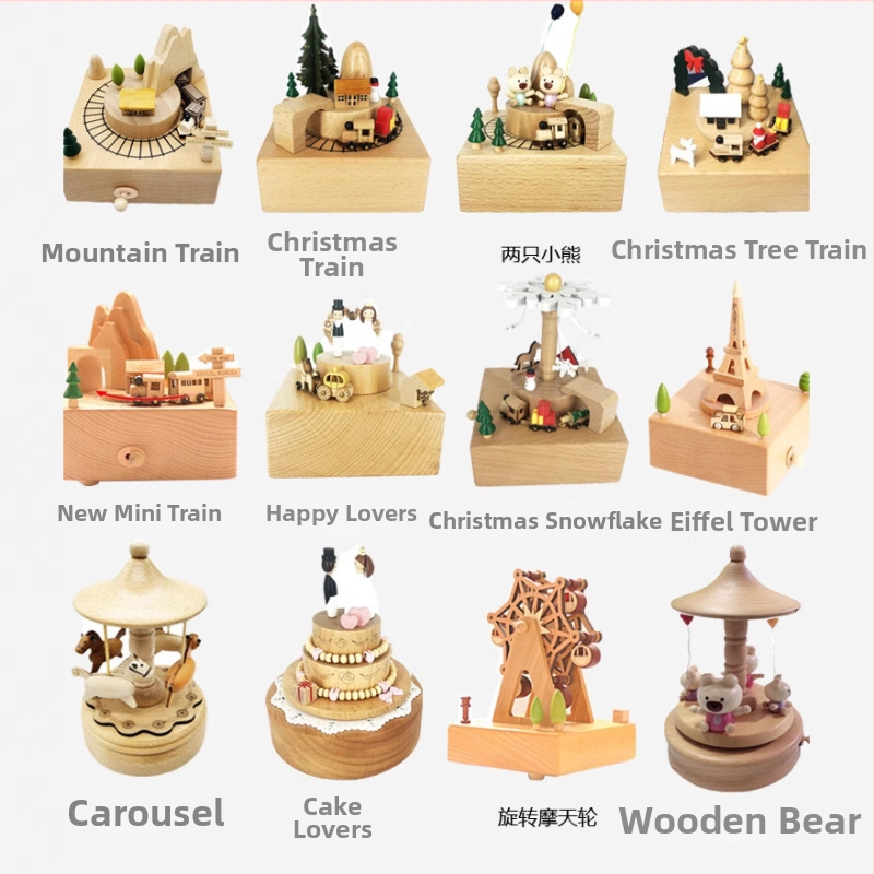 Drevená hudobná skriňa s karuselom – ručne vyrobená, klasický štýl, tlač loga k dispozícii, pripravená na darček k narodeninám a iným príležitostiam