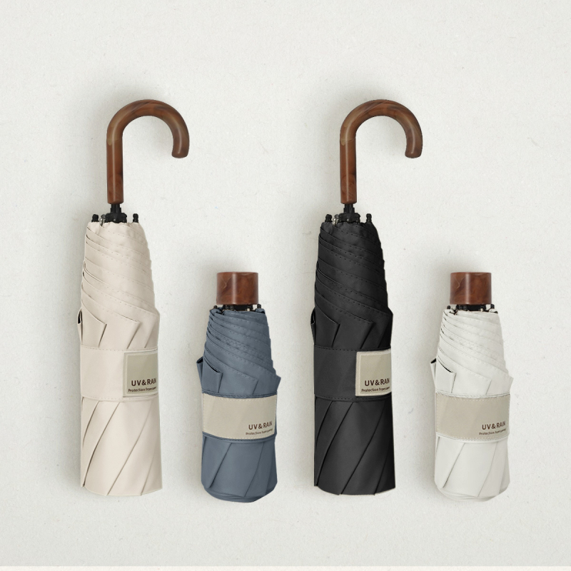 Ομπρέλα αναδιπλούμενη με καμπύλο γάντζο, πολυεστέρας με επικάλυψη βινυλίου, 8 μεταλλικά ραβδιά, UPF 50+