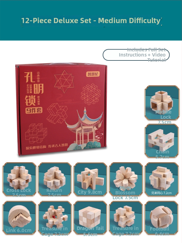 Wisdom Wheel Kong Ming zámok – drevená skladačka 36 dielov, vhodná pre 7–14 rokov, balenie: krabica
