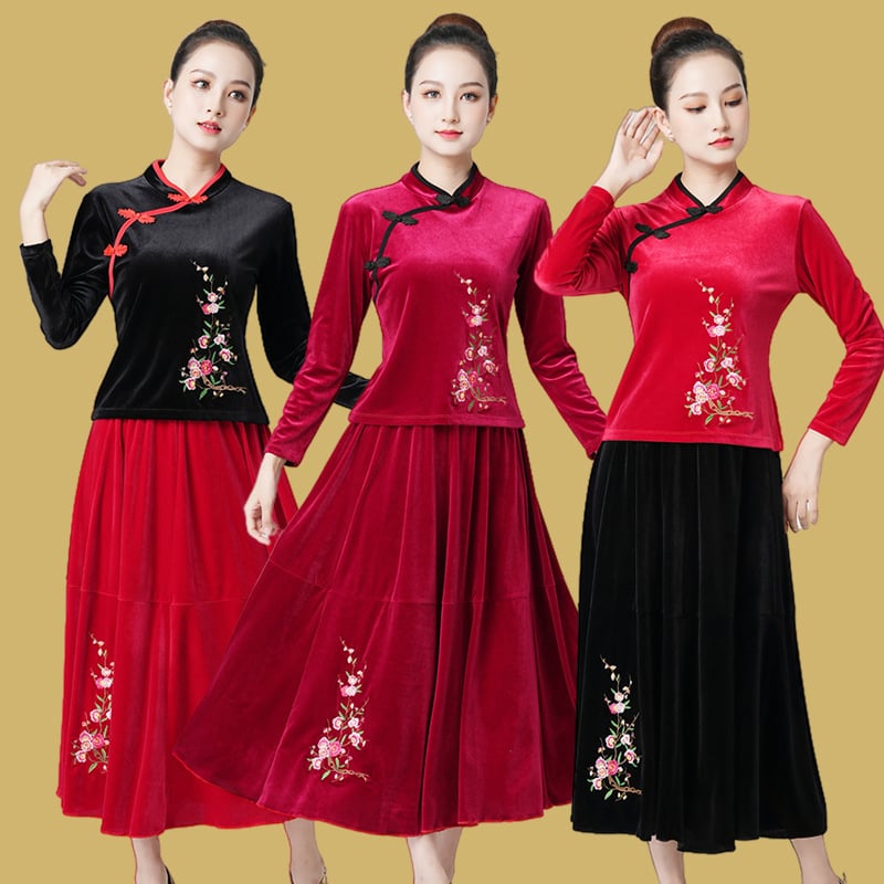 Σετ κοστουμιού τετραγωνισμένου χορού από βελούδο με μακριά μανίκια και κέντημα για ηλικιωμένες γυναίκες — 100% πολυεστερικό ύφασμα