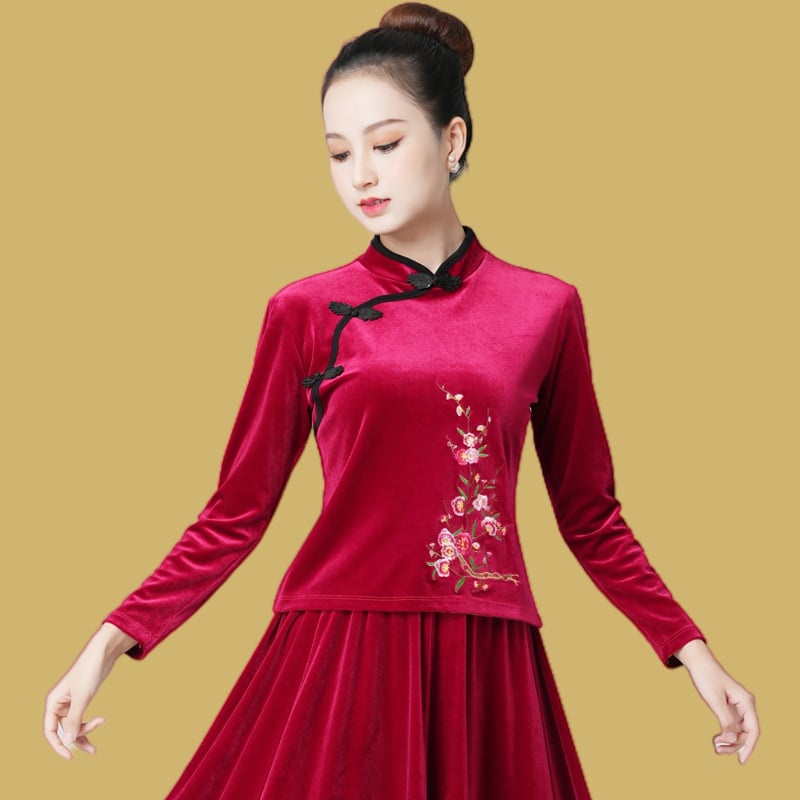 Σετ κοστουμιού τετραγωνισμένου χορού από βελούδο με μακριά μανίκια και κέντημα για ηλικιωμένες γυναίκες — 100% πολυεστερικό ύφασμα