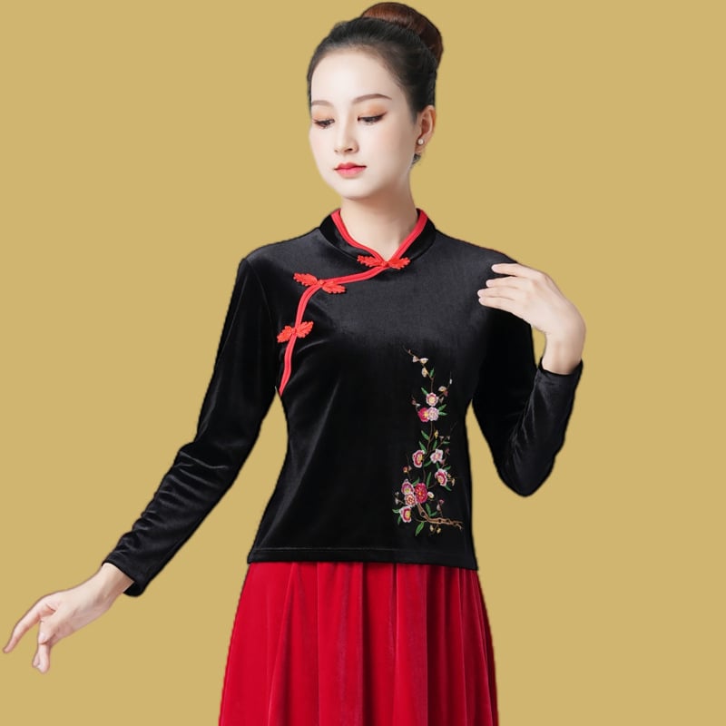 Σετ κοστουμιού τετραγωνισμένου χορού από βελούδο με μακριά μανίκια και κέντημα για ηλικιωμένες γυναίκες — 100% πολυεστερικό ύφασμα