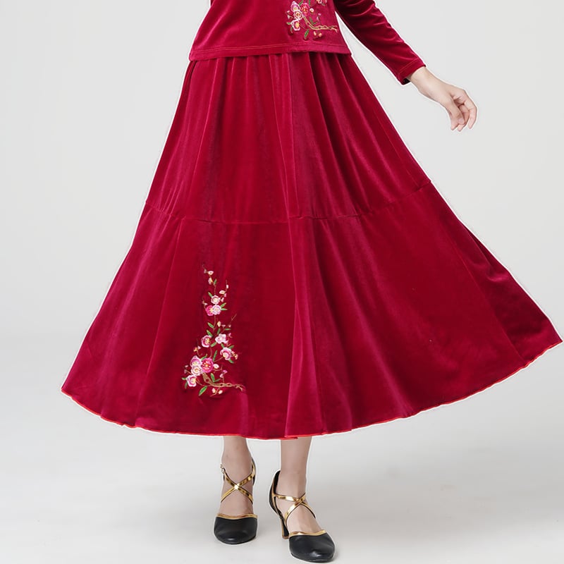 Σετ κοστουμιού τετραγωνισμένου χορού από βελούδο με μακριά μανίκια και κέντημα για ηλικιωμένες γυναίκες — 100% πολυεστερικό ύφασμα