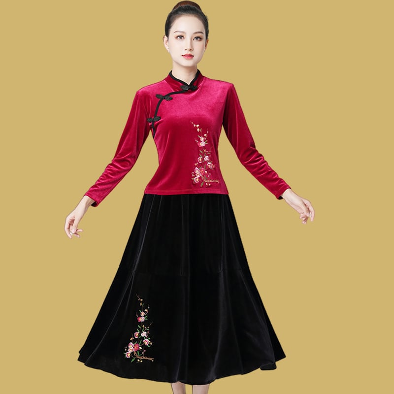 Σετ κοστουμιού τετραγωνισμένου χορού από βελούδο με μακριά μανίκια και κέντημα για ηλικιωμένες γυναίκες — 100% πολυεστερικό ύφασμα