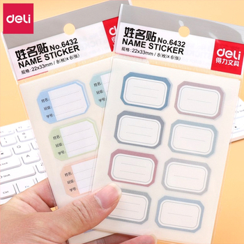 Deli 6432 ručne písané menovky pre deti — papierové, samolepiace, 8 štítkov na stránku