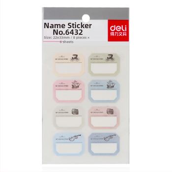 Deli 6432 ručne písané menovky pre deti — papierové, samolepiace, 8 štítkov na stránku