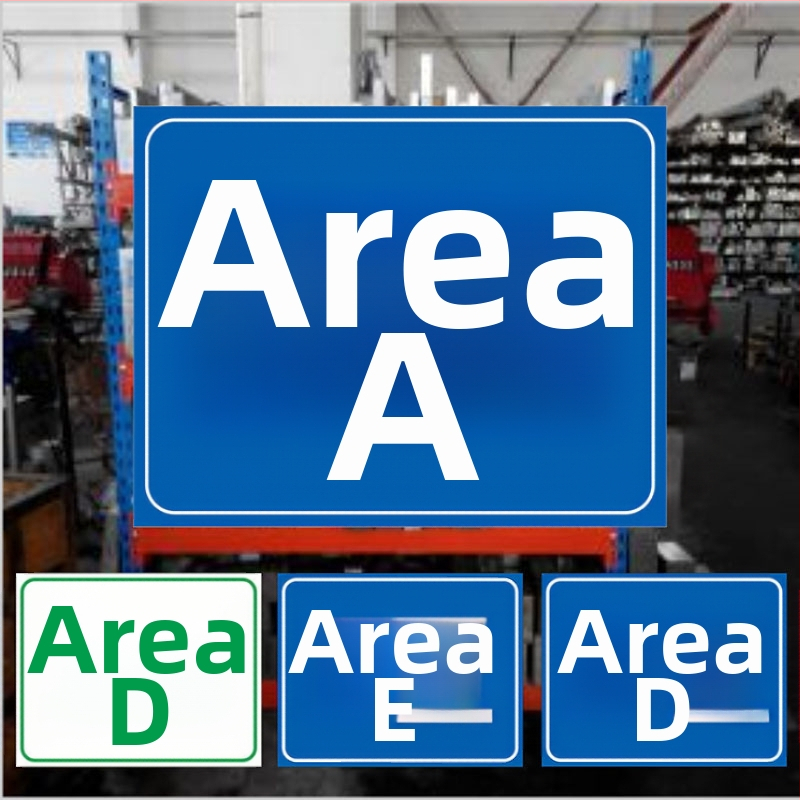 Prilagođene tablice za skladišne police, podjele i radne prostore; UV ispis; prilagodljiv materijal; pogodno za natpise