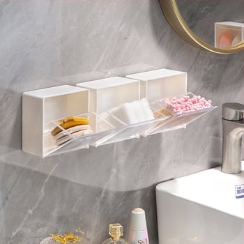 Cutie de depozitare pentru baie, montare pe perete, capac rabatabil, fără găuri, din plastic PS, pentru organizarea cosmeticelor, bețișoare de bumbac și rujuri
