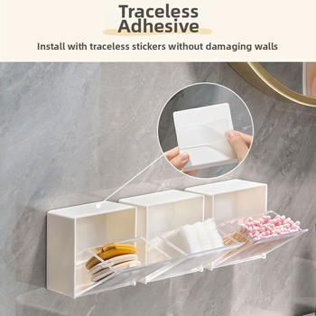 Cutie de depozitare pentru baie, montare pe perete, capac rabatabil, fără găuri, din plastic PS, pentru organizarea cosmeticelor, bețișoare de bumbac și rujuri