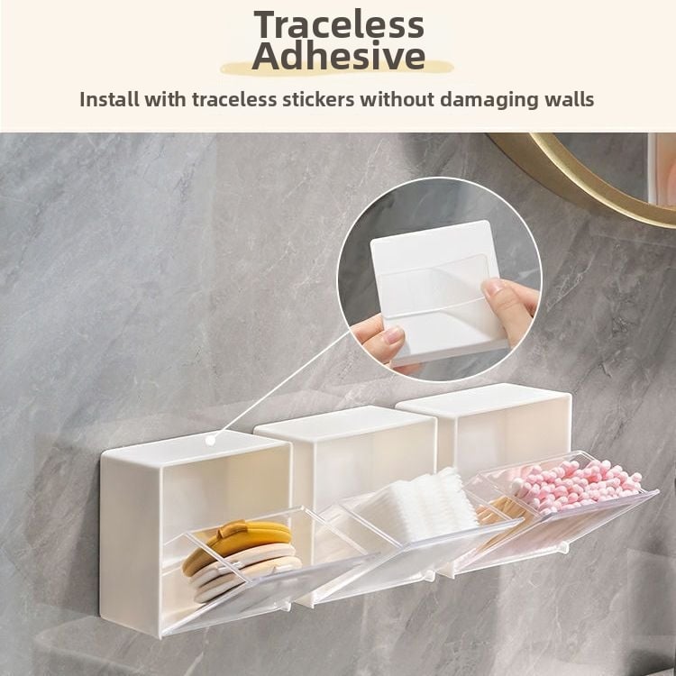 Cutie de depozitare pentru baie, montare pe perete, capac rabatabil, fără găuri, din plastic PS, pentru organizarea cosmeticelor, bețișoare de bumbac și rujuri