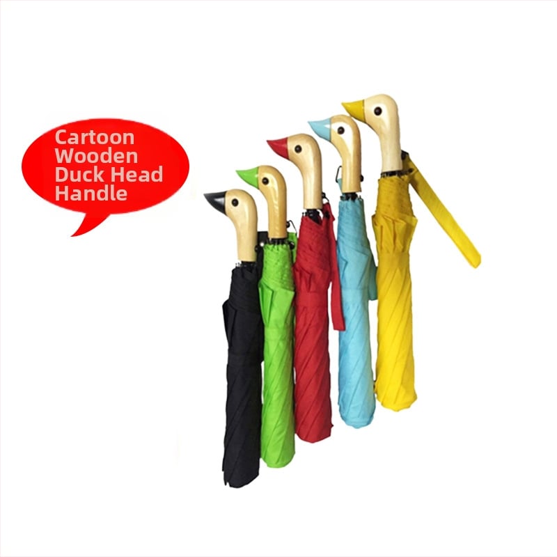 Διπλής πτυχώσεως αυτόματη ομπρέλα ήλίου με σχέδιο κεφαλής πάπιας, χαριτωμένο καρτούν; αυτόματο άνοιγμα, UV προστασία UPF50+, σκελετός από σίδηρο και λαβή από ξύλο, κατάλληλη για ενήλικες και παιδιά.