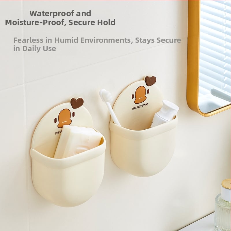 Cutie de depozitare montată pe perete pentru baie – plastic PP, model desen animat, montaj fără găuri, suport pentru pastă de dinți și periuțe