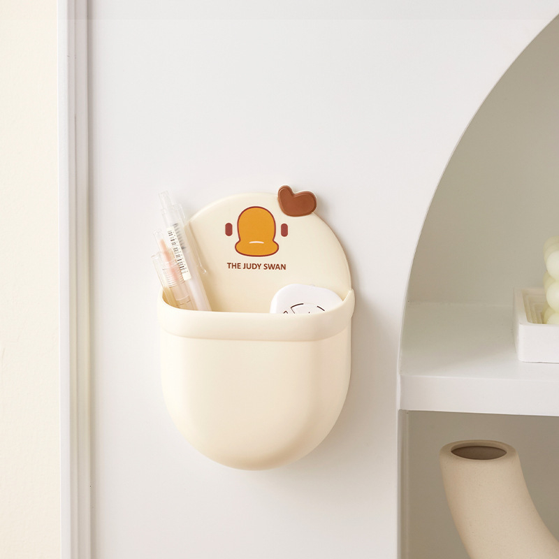 Cutie de depozitare montată pe perete pentru baie – plastic PP, model desen animat, montaj fără găuri, suport pentru pastă de dinți și periuțe