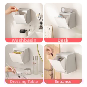 Cutie de depozitare montată pe perete, cu capac rabatabil, fără găuri, mare capacitate, PP plastic, pentru baie și bucătărie