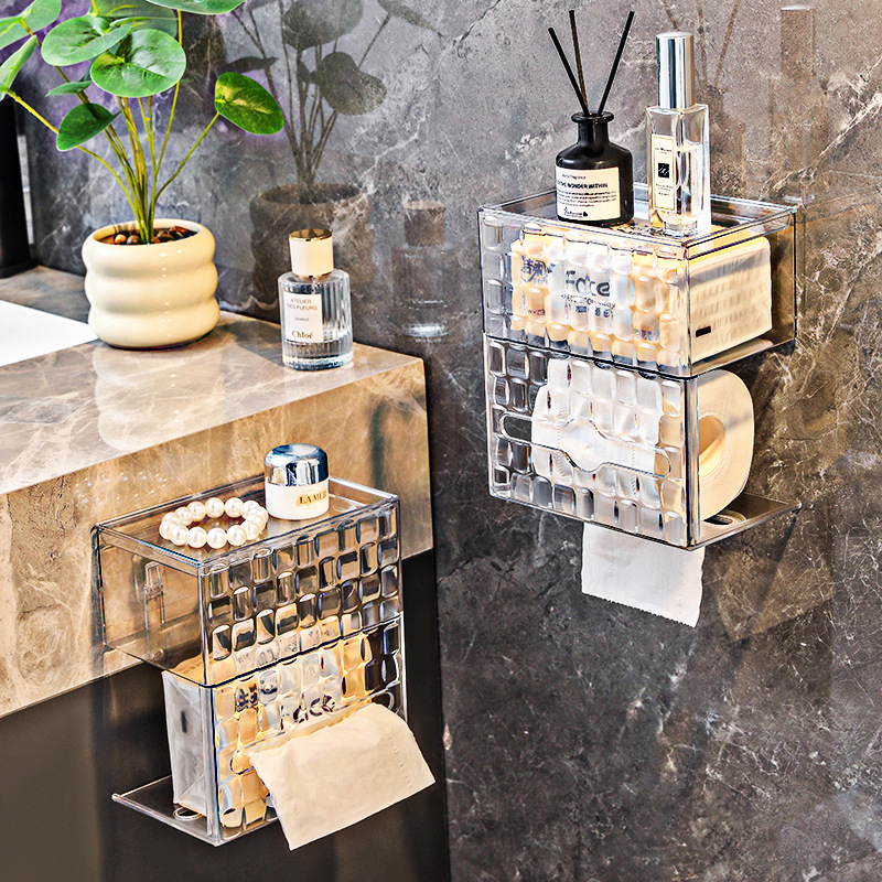 Διανομέας χαρτιού τουαλέτας τοίχου, αδιάβροχος, χωρίς διάτρηση, PET υλικό, μοτίβο Ice Brick, με χαρτί που τραβάς