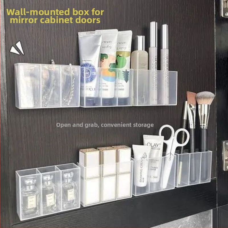 Dulap oglindă montat pe perete cu compartimente separate, instalație fără găuri, spațiu de depozitare suspendat pentru ruj și pix, raft transparent de depozitare