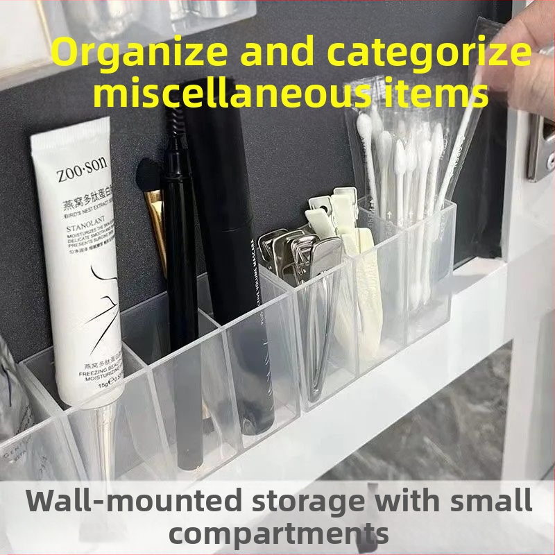 Dulap oglindă montat pe perete cu compartimente separate, instalație fără găuri, spațiu de depozitare suspendat pentru ruj și pix, raft transparent de depozitare