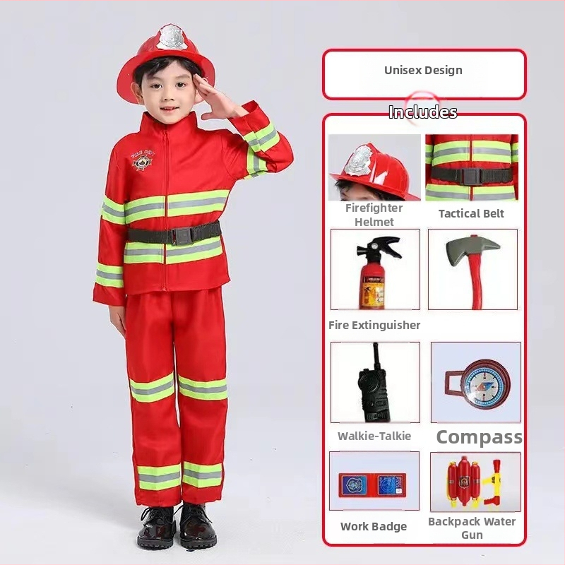 Dječji kostim vatrogasca za ulogu – Kostim za izvedbu, Materijal od pamuka i poliestera, mekan obrad, Sigurnosna razina C, Za djecu stariju od 8 godina (visina 140 cm+)