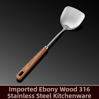 Bomans Set lingură și spatulă din oțel inoxidabil 316, mâner din ebony sandalwood, stil chinezesc – antiaderent, rezistent la temperaturi înalte, anti-derapare