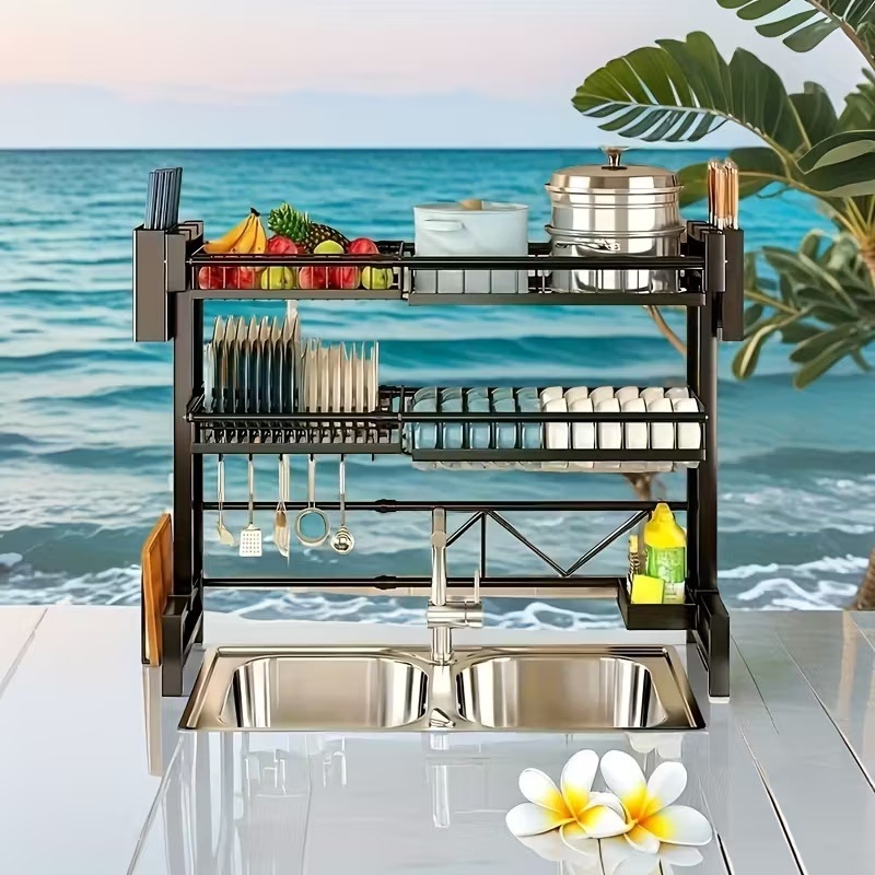 Αναδιπλούμενο ράφι πιάτων πάνω από τον νεροχύτη, από ανθρακούχο ατσάλι, στεγνωτήριο και οργανωτής επιφάνειας