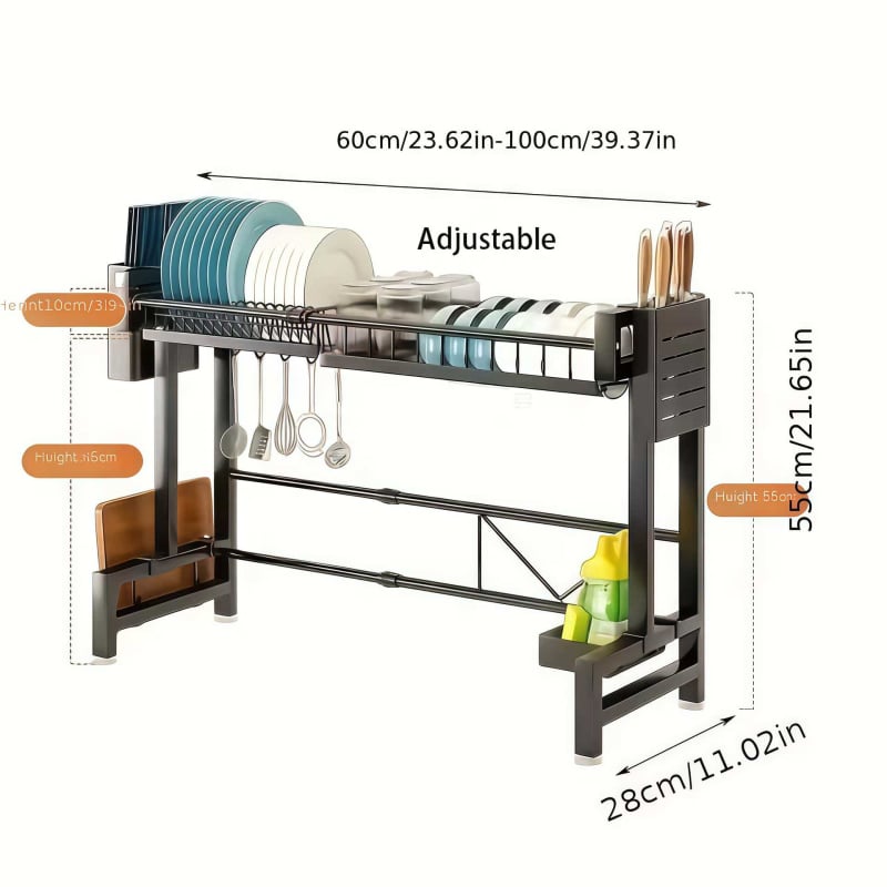 Αναδιπλούμενο ράφι πιάτων πάνω από τον νεροχύτη, από ανθρακούχο ατσάλι, στεγνωτήριο και οργανωτής επιφάνειας