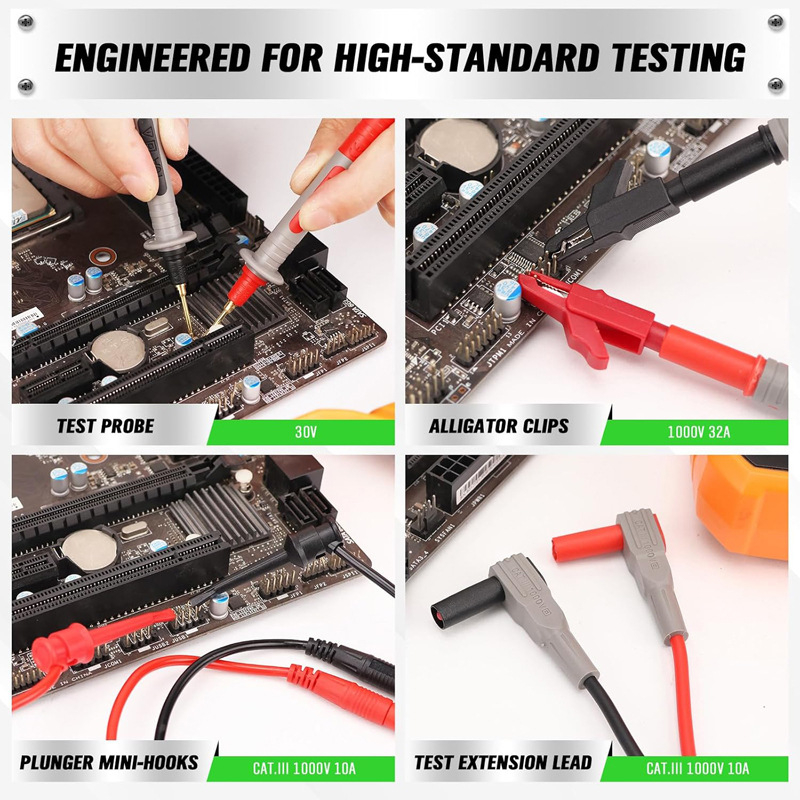 Мултиметър тестов проводник с взаимозаменяеми върхове за сонди, Y-тип крокодилска щипка и IC тестова кука — модел SG8089; материали: мед и неръждаема стомана с никелирано покритие, PVC изолация